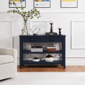 Retro Design Console Table with Two Open Shelves, Pine Solid Wood Frame and Legs for Living Room
