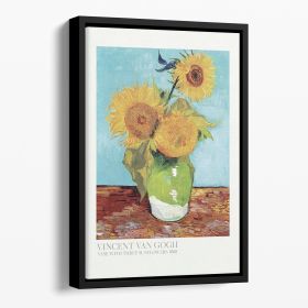 Vase With Three Sunflowers Titled Floating Framed Canvas (Color: Black, size: 40" x 26" / 100cm x 65cm approx)