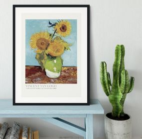 Vase With Three Sunflowers Titled Framed Print (Color: White/With White Edging, size: 18" x 12" / 48cm x 30cm approx)